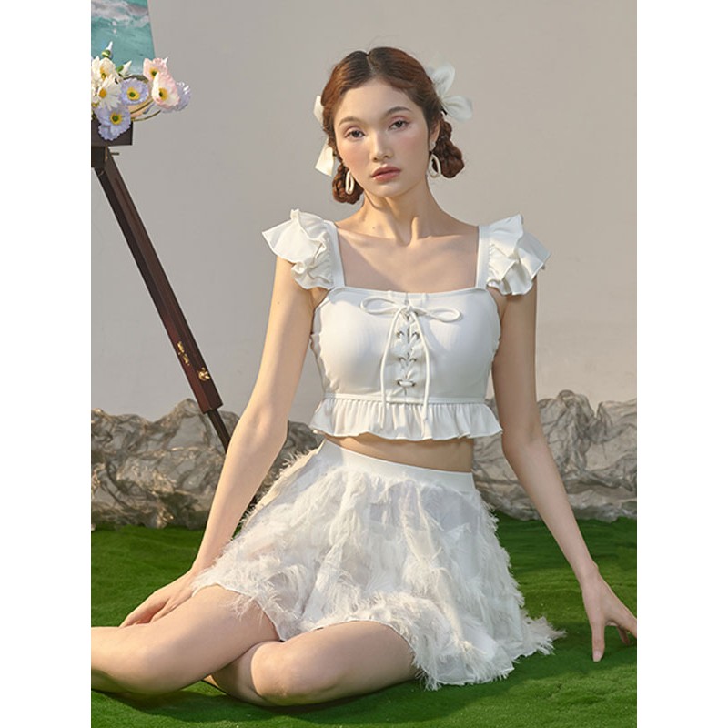 Lolita Outfits White Ruffles Lace Up Sleeveless Pants Top Sweet