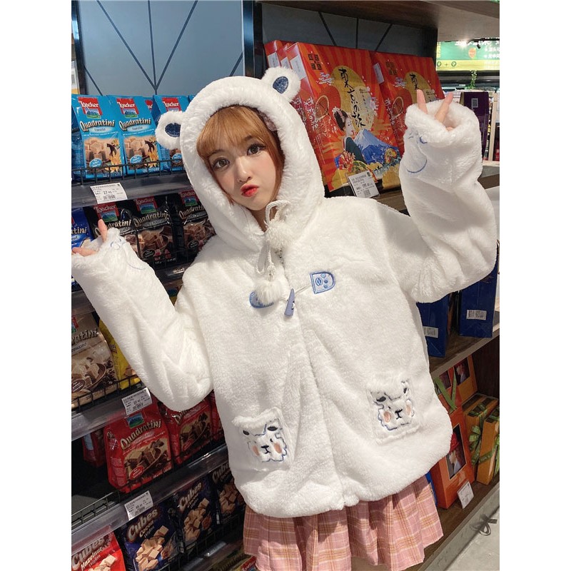 Sweet Lolita S White Animal Print Overcoat Polyester Fall Lolita Outwears Cute Bear Ears Coat Academic Daily Casual