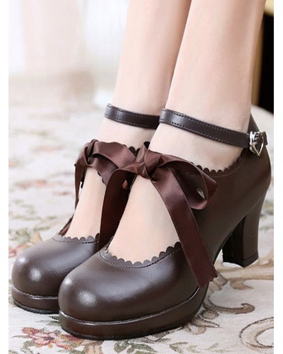 Classic Lolita Shoes Square Toe Platform Prism Heel Bows Deep Brown Lolita Shoes