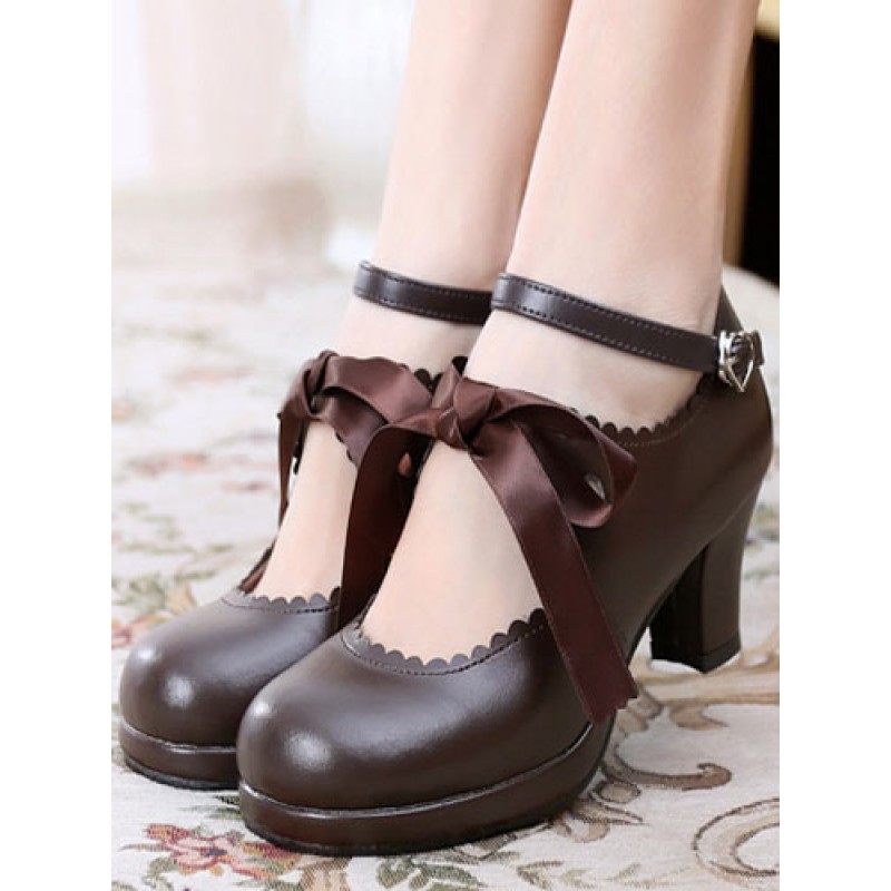 Classic Lolita Shoes Square Toe Platform Prism Heel Bows Deep Brown Lolita Shoes