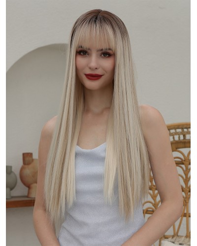 Long Gradient Wigs With Blunt Fringe Daily Wig Feminine Elegant Casual