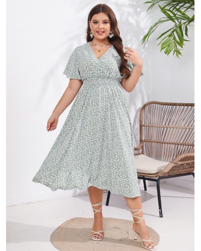 Women Plus Size Dress V-Neck Short Sleeves Floral Print Pleated Medium One Piece Dress Bodycon Summer