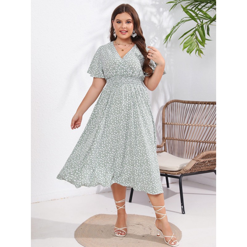 Women Plus Size Dress V-Neck Short Sleeves Floral Print Pleated Medium One Piece Dress Bodycon Summer