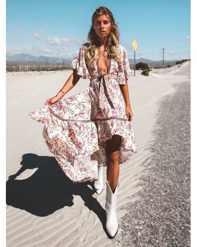 Women Boho Dress V Neck Short Sleeves Printed High Low Cut Out Beach Dress Chic  Modern Summer