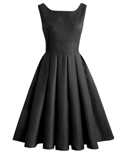 Dress Black 1950s Audrey Hepburn Style Pleated Sleeveless Square Neck Medium Rockabilly Dress Vintage Retro Summer