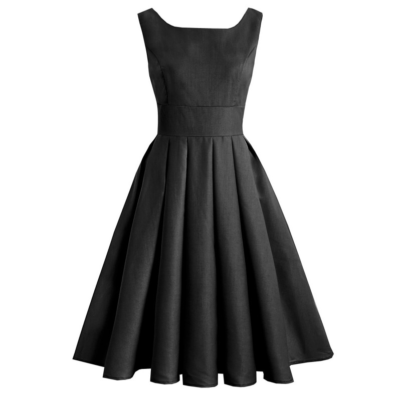 Dress Black 1950s Audrey Hepburn Style Pleated Sleeveless Square Neck Medium Rockabilly Dress Vintage Retro Summer