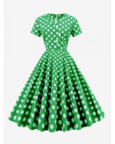 Women Dress V-Neck Pleated 1950s Audrey Hepburn Style Asymmetrical Short Sleeves Polka Dot Medium Green Swing Dress Vintage Street Wear Daily Casual