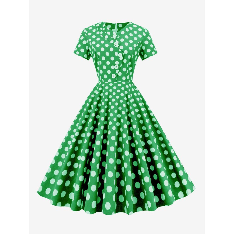 Women Dress V-Neck Pleated 1950s Audrey Hepburn Style Asymmetrical Short Sleeves Polka Dot Medium Green Swing Dress Vintage Street Wear Daily Casual