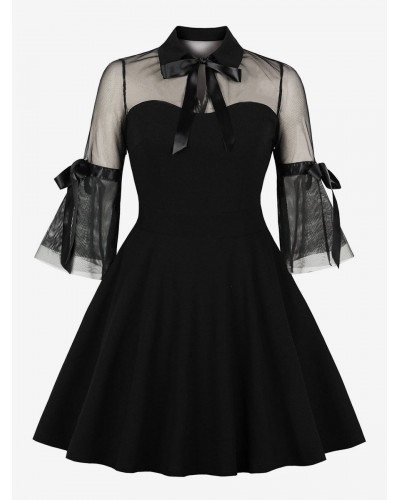 Women Little Black Dress Dress Half Sleeves Turndown Collar Lace Pleated Swing Retro Summer Dress Vintage Party