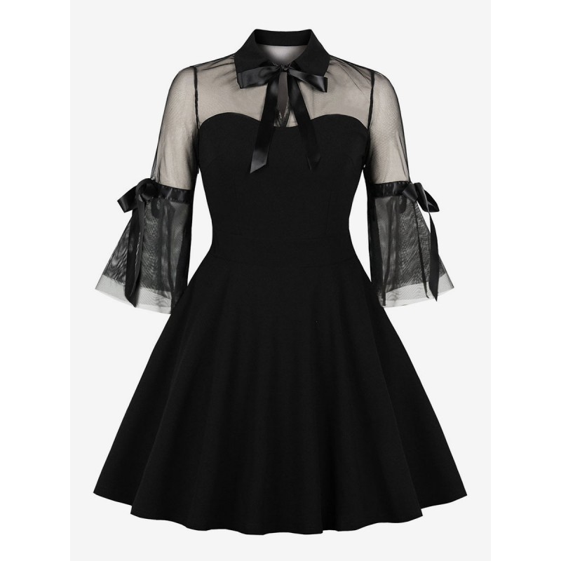 Women Little Black Dress Dress Half Sleeves Turndown Collar Lace Pleated Swing Retro Summer Dress Vintage Party