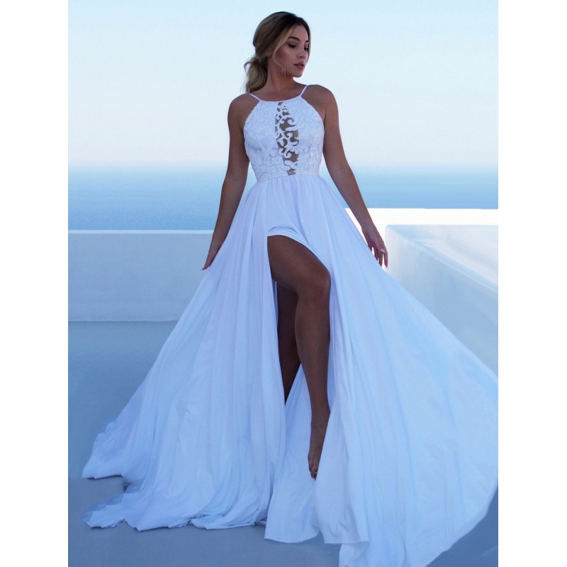 Women White Maxi Dress Backless Long Dress Straps Split Party Dress Chic  Modern Summer