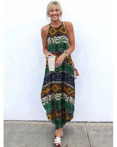 Boho Maxi Dress Women Sleeveless Printed Long Dress Bohemian