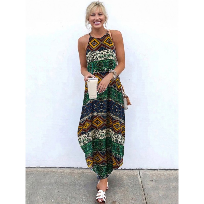 Boho Maxi Dress Women Sleeveless Printed Long Dress Bohemian