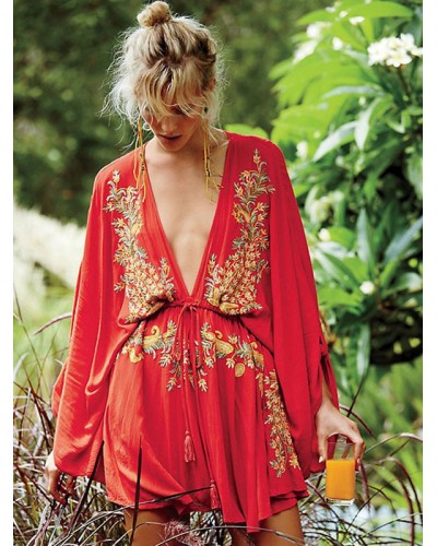 Women Boho Dress Red Cotton Deep V-neck Long Trumpet Sleeve Gypsy Embroidered Vacation Mini Beach Dress Bohemian Spring Fall