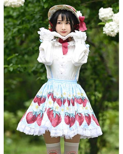 Lolita Overskirt Strawberry Pattern Light Sky Blue Lace Lolita Skirts Sweet Spring Summer Fall Winter