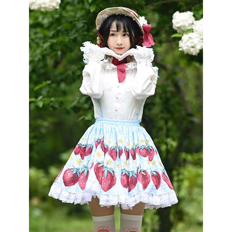 Lolita Overskirt Strawberry Pattern Light Sky Blue Lace Lolita Skirts Sweet Spring Summer Fall Winter