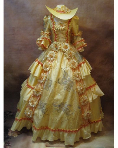 Retro Princess Costume Rococo Ball Gown Gold Flowers Tiered Ruffle Women's Vintage Royal Costume Dress And Hat ROCOCO Halloween Holiday Pageant