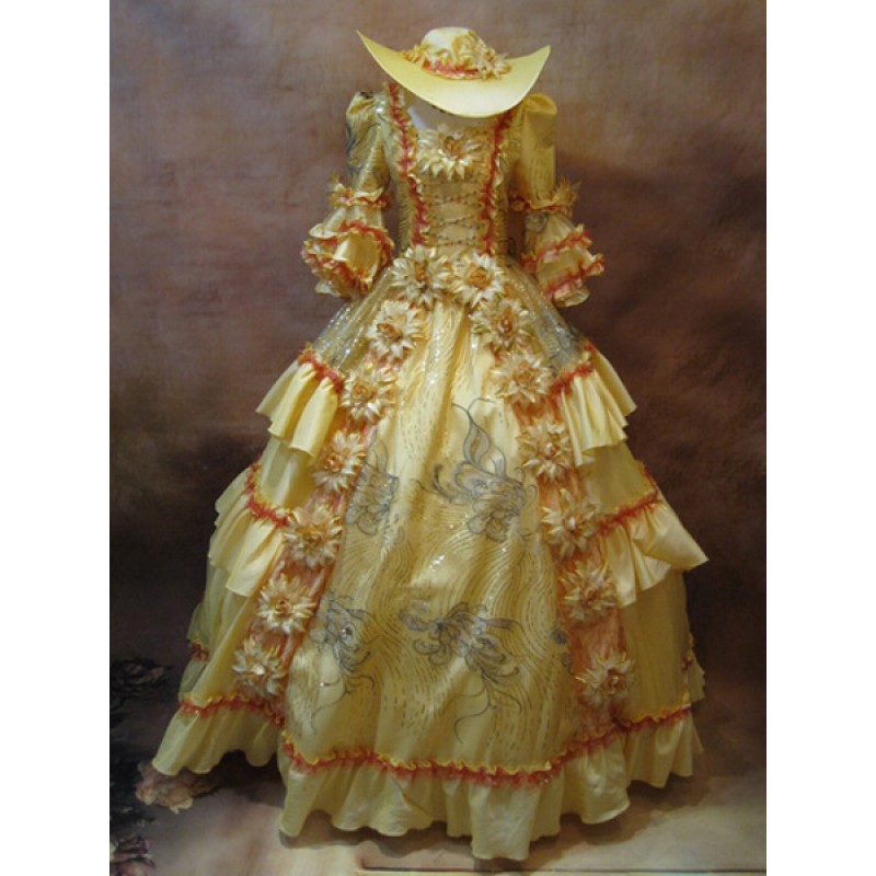 Retro Princess Costume Rococo Ball Gown Gold Flowers Tiered Ruffle Women's Vintage Royal Costume Dress And Hat ROCOCO Halloween Holiday Pageant