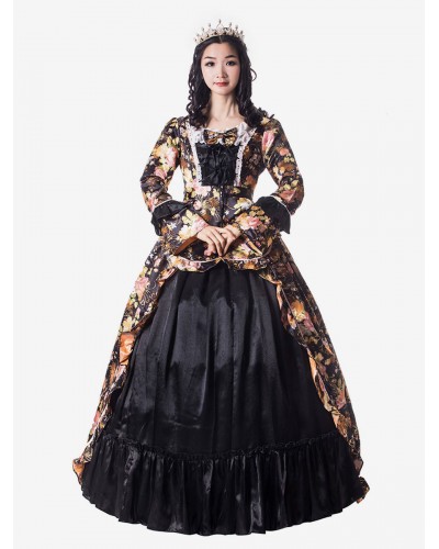 Women Victorian Dress Costume 's Black Trumpet Long Sleeves Square Neckline Flower Print Style Vintage Clothing Halloween Sets Victorian Era