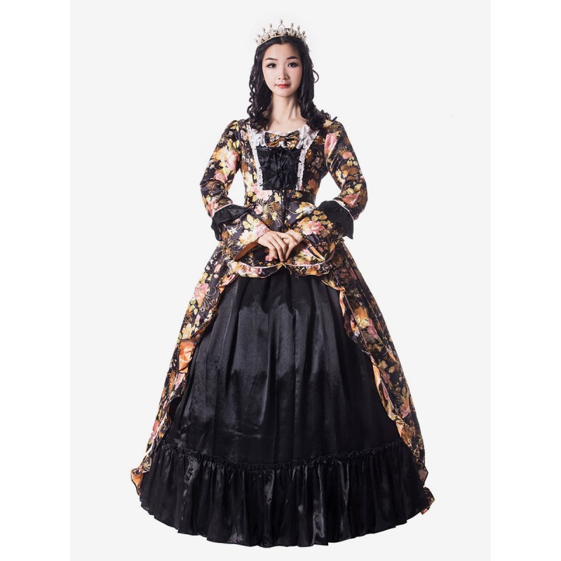 Women Victorian Dress Costume 's Black Trumpet Long Sleeves Square Neckline Flower Print Style Vintage Clothing Halloween Sets Victorian Era