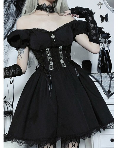 Gothic Punk Dress Off The Shoulder Short Sleeves Lace Trimed Lolita Short Dress