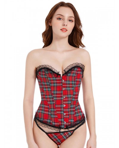 Plaid Lace-up Sexy Red Lace Corset For Women Indoor