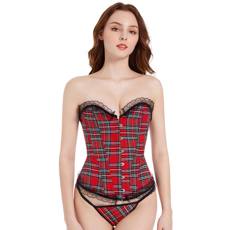 Plaid Lace-up Sexy Red Lace Corset For Women Indoor