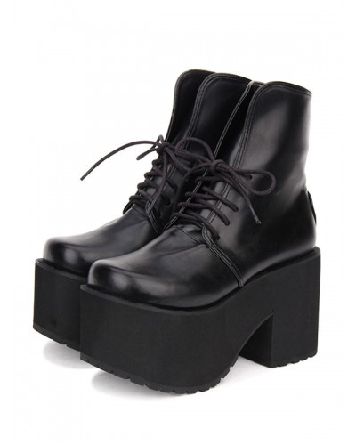 Gothic Lolita Boots Lace Up Platform Black Lolita Mid Calf Boots Shoes