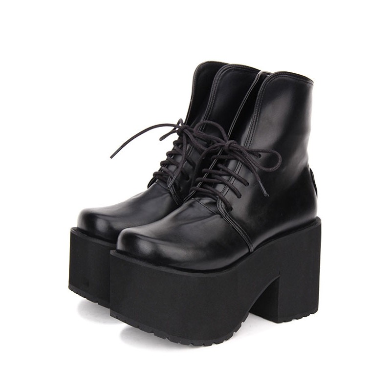 Gothic Lolita Boots Lace Up Platform Black Lolita Mid Calf Boots Shoes