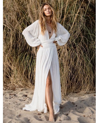 Maxi Dress V-Neck Long Sleeves High-slit Long Dress Bohemian Beach Resort Wear