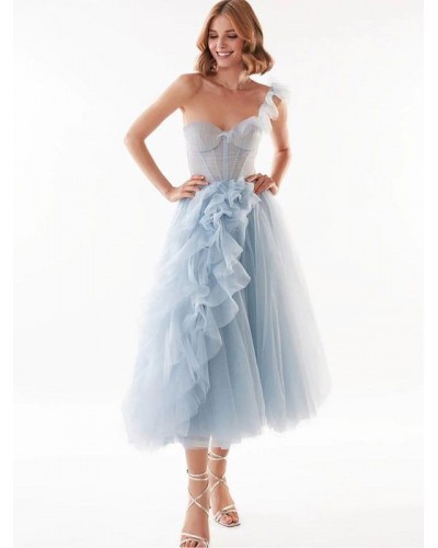 Dresses Light Sky Blue Strapless Peplum Sleeveless Semi Formal Dress Maxi Party Resort Wear Performance