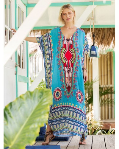 Women Boho Dress Split Front V-Neck Short Sleeves Printed Low-slit Beach Dress Casual Bohemian Spring Summer