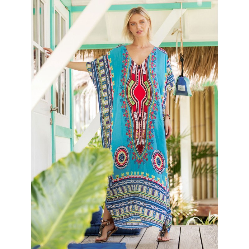 Women Boho Dress Split Front V-Neck Short Sleeves Printed Low-slit Beach Dress Casual Bohemian Spring Summer