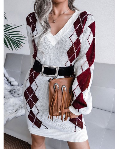 Women Knitted Dress Beautiful Plaid V-Neck Long Sleeves Acrylic Dresses Lounge Fall Winter