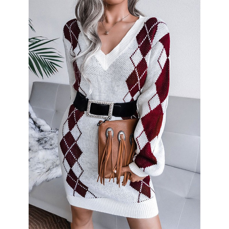 Women Knitted Dress Beautiful Plaid V-Neck Long Sleeves Acrylic Dresses Lounge Fall Winter