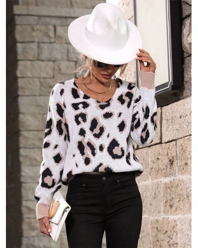 Women Pullover Sweater Black+White Leopard Print V-Neck Long Sleeves Sweaters Casual Fall Winter