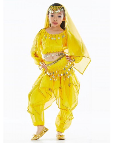 Halloween Costumes For Kids Yellow Christmas Set Kid's Polyester Fiber Chiffon Waist Chain Pants Belly Dancing Dancing Party Family Celebration Holiday Ball