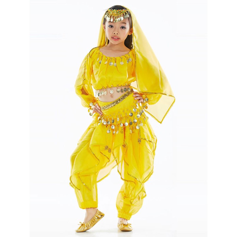 Halloween Costumes For Kids Yellow Christmas Set Kid's Polyester Fiber Chiffon Waist Chain Pants Belly Dancing Dancing Party Family Celebration Holiday Ball