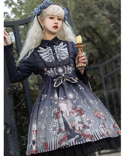 Gothic Lolita JSK Dress Bows Sleeveless Skeleton Pattern Black Lolita Jumper Skirt