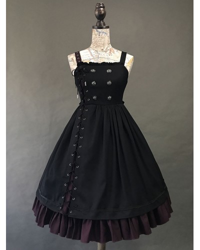 Gothic Lolita JSK Dress Black Burgundy Sleeveless Ruffles Lace Up Polyester Jumper Skirt