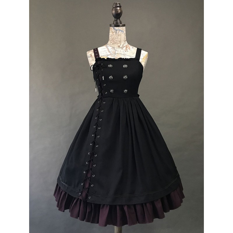 Gothic Lolita JSK Dress Black Burgundy Sleeveless Ruffles Lace Up Polyester Jumper Skirt