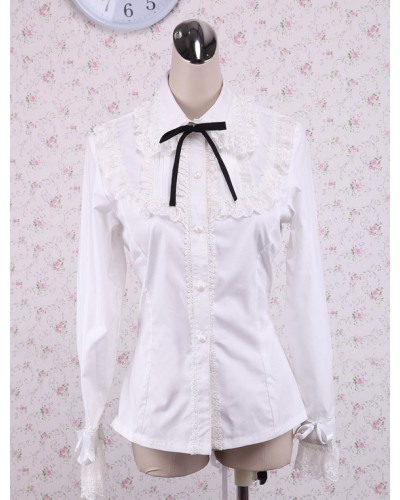 White Cotton Lolita Blouse Long Sleeves Lace Trim Turn-down Collar Black Bow