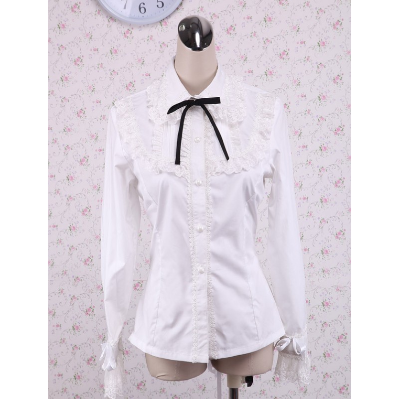 White Cotton Lolita Blouse Long Sleeves Lace Trim Turn-down Collar Black Bow