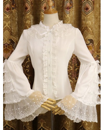 White Lolita Blouses Long Sleeves Lace Ruffles Lolita Top Lolita Shirt Spring Summer