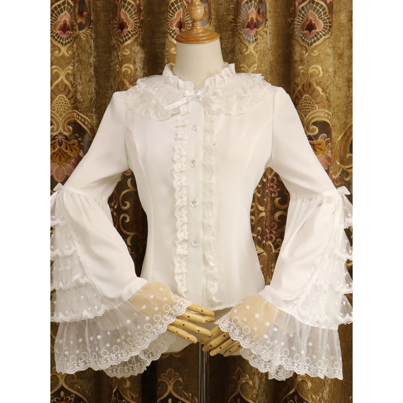 White Lolita Blouses Long Sleeves Lace Ruffles Lolita Top Lolita Shirt Spring Summer