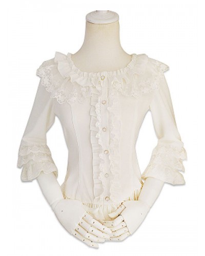 Rococo Lolita Blouses Chiffon Lace Trim Long Sleeve Round Neck Ruffles White Lolita Top Tops ROCOCO Daily Casual