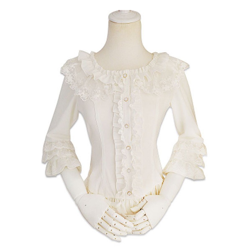 Rococo Lolita Blouses Chiffon Lace Trim Long Sleeve Round Neck Ruffles White Lolita Top Tops ROCOCO Daily Casual