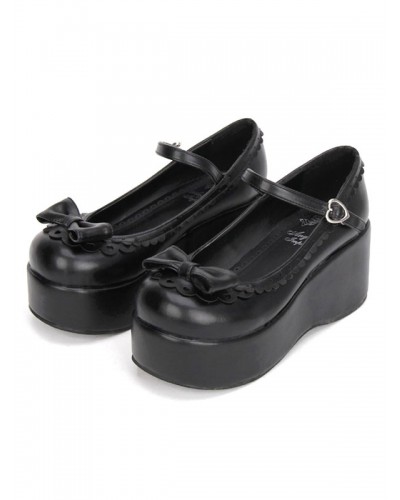 Sweet Lolita Shoes Black Platform Wedge Ankle Strap Lolita Shoes With Bow Lovely Halloween