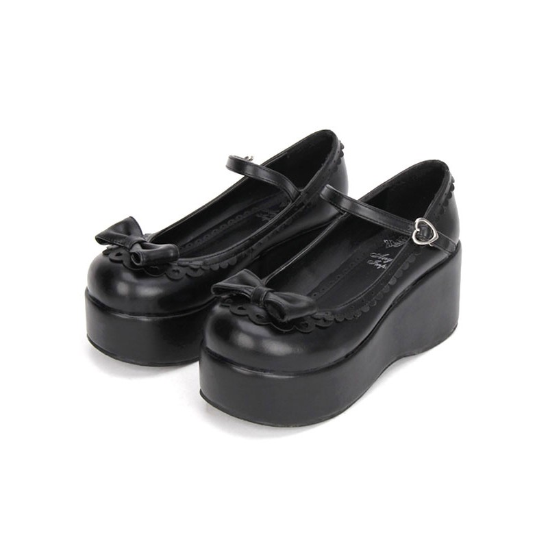 Sweet Lolita Shoes Black Platform Wedge Ankle Strap Lolita Shoes With Bow Lovely Halloween