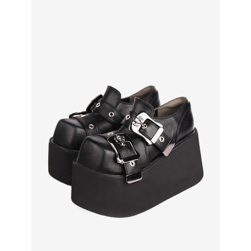 Gothic Lolita Footwear Black Grommets PU Leather Wedge Heel Lolita Shoes